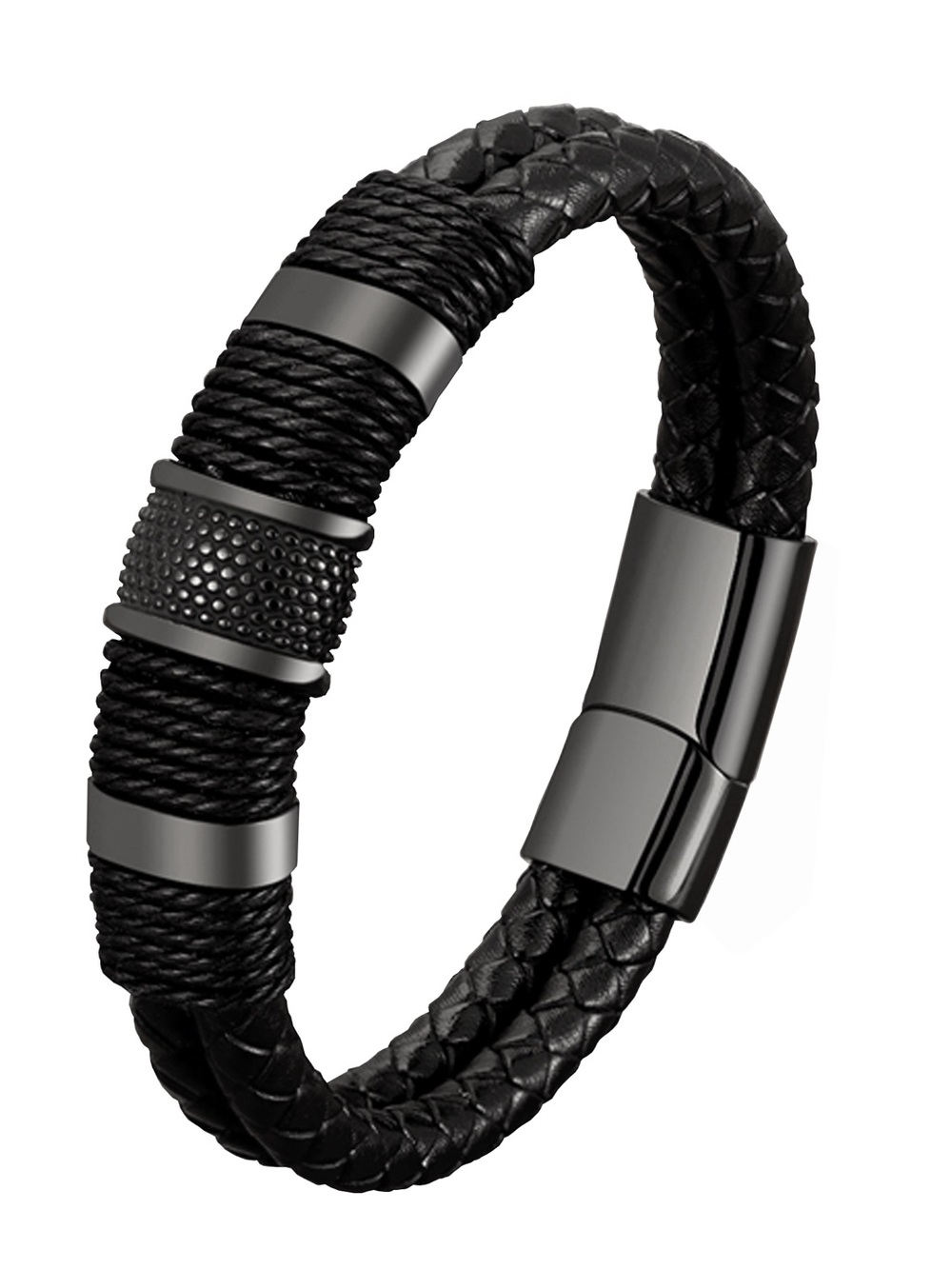 Men's Black Braided Leather & Rope Bracelet with Gunmetal Accents